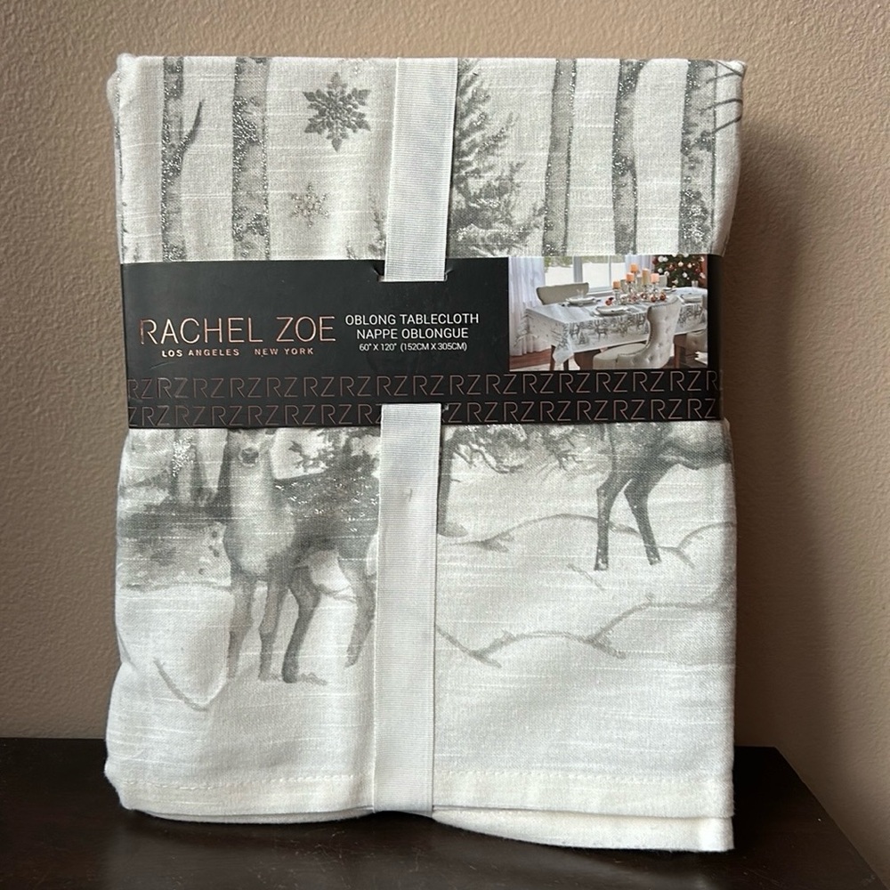Rachel Zoe Christmas Tablecloth 60”x120” Evergreen Tres Reindeer New